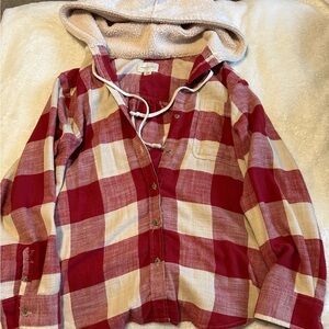 American Eagle Red and Cream Plaid Hoodie Shirt